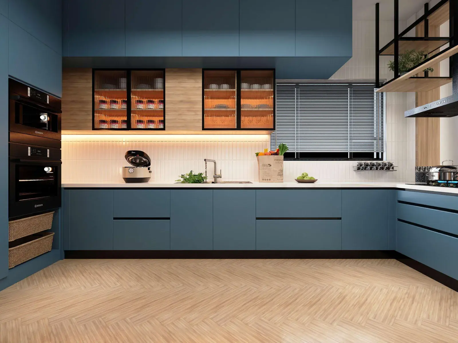 Blue modular kitchen with copper-lit shelving