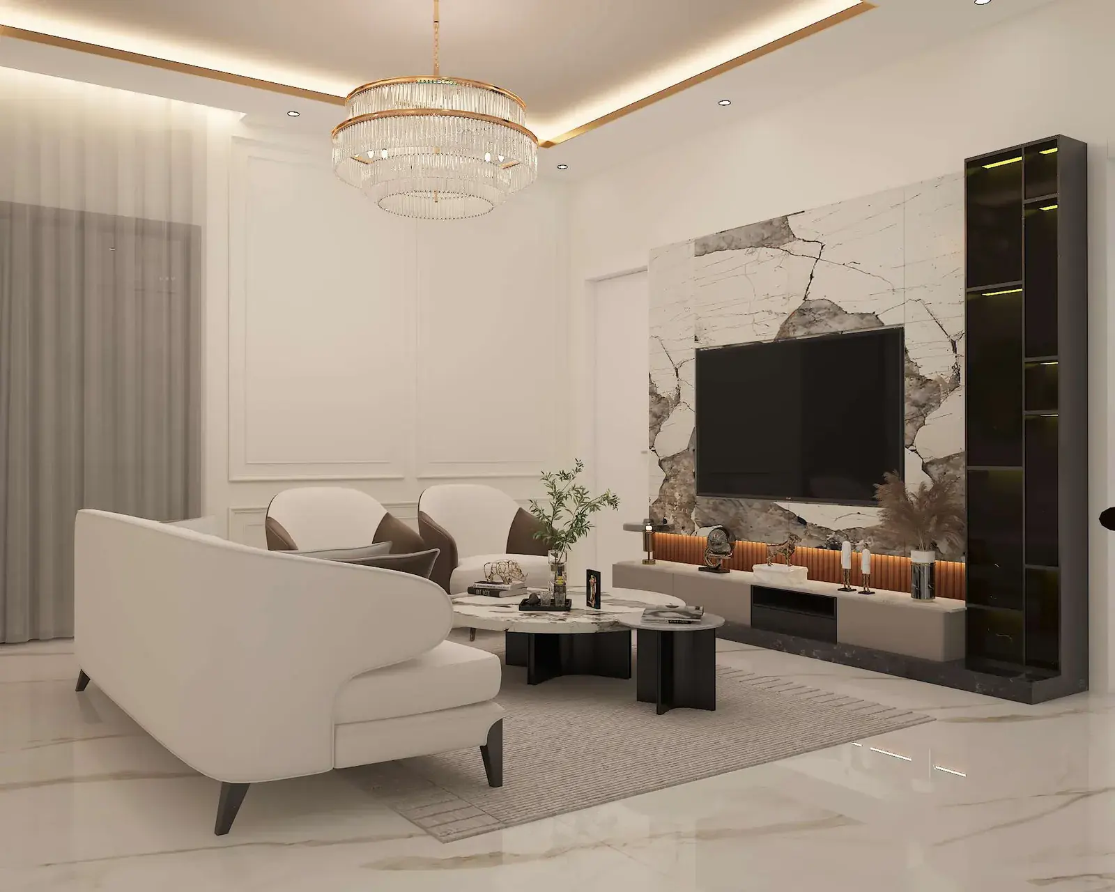Living room with a marble TV wall