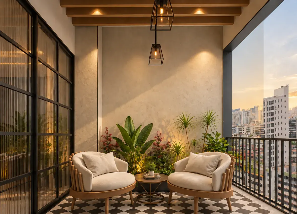 Balcony lounge with a checkerboard floor at sunset