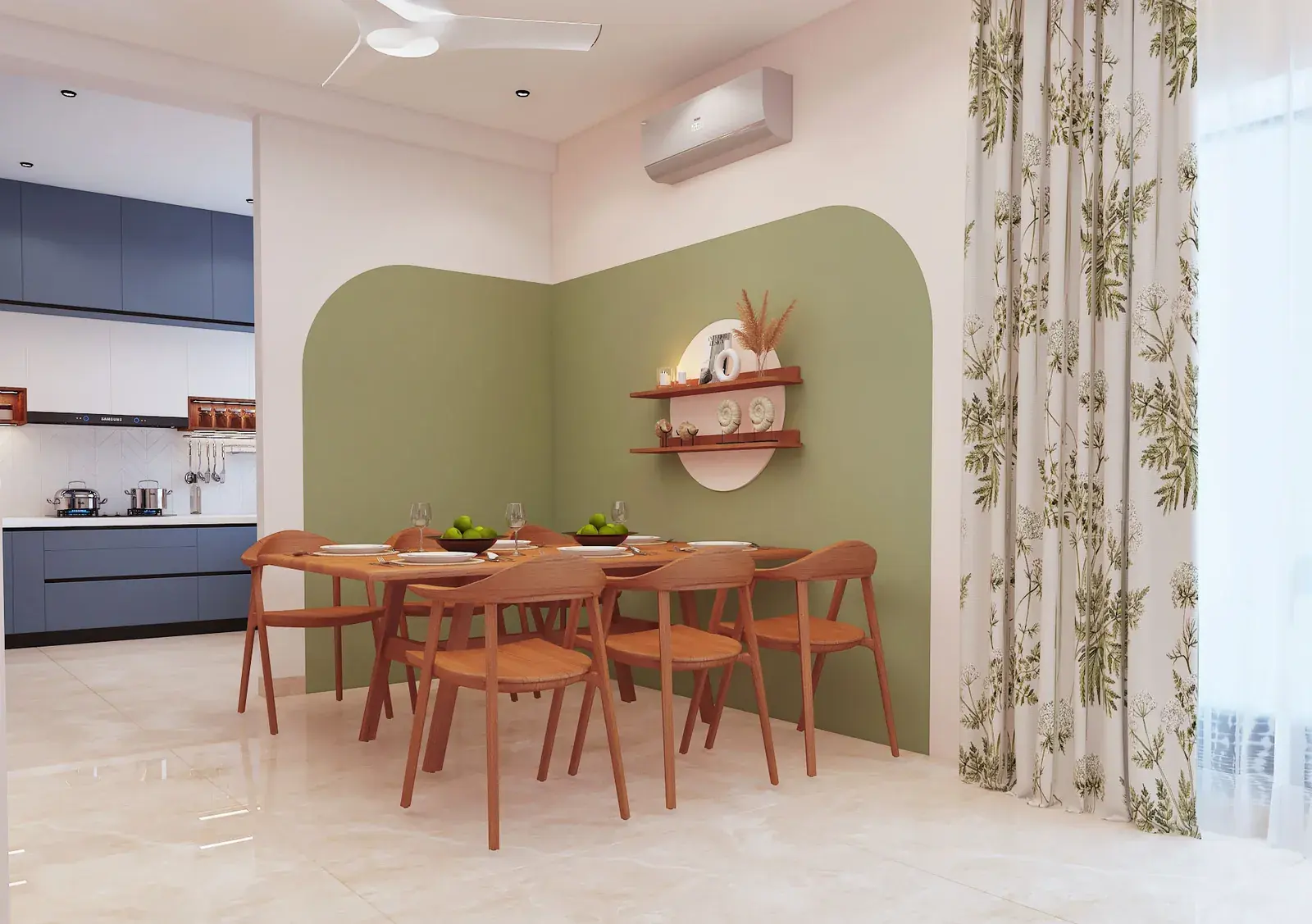 Dining area with a sage-green arched wall and terracotta chairs