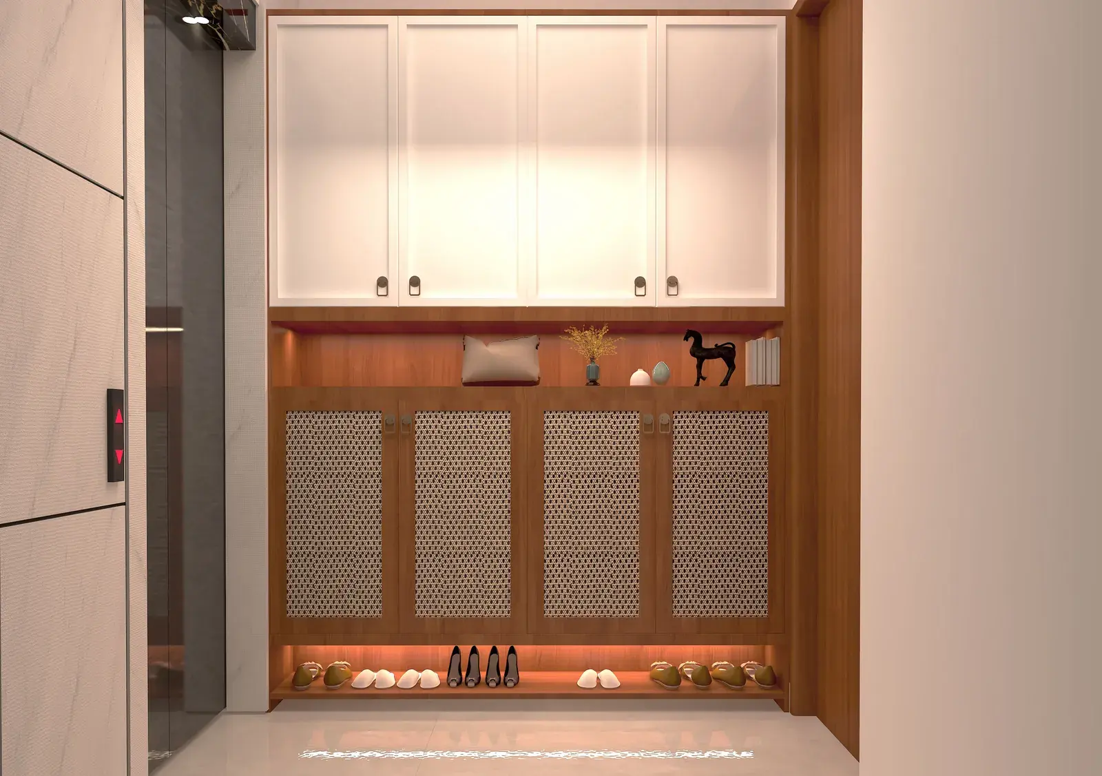 Foyer with cane-panelled shoe storage