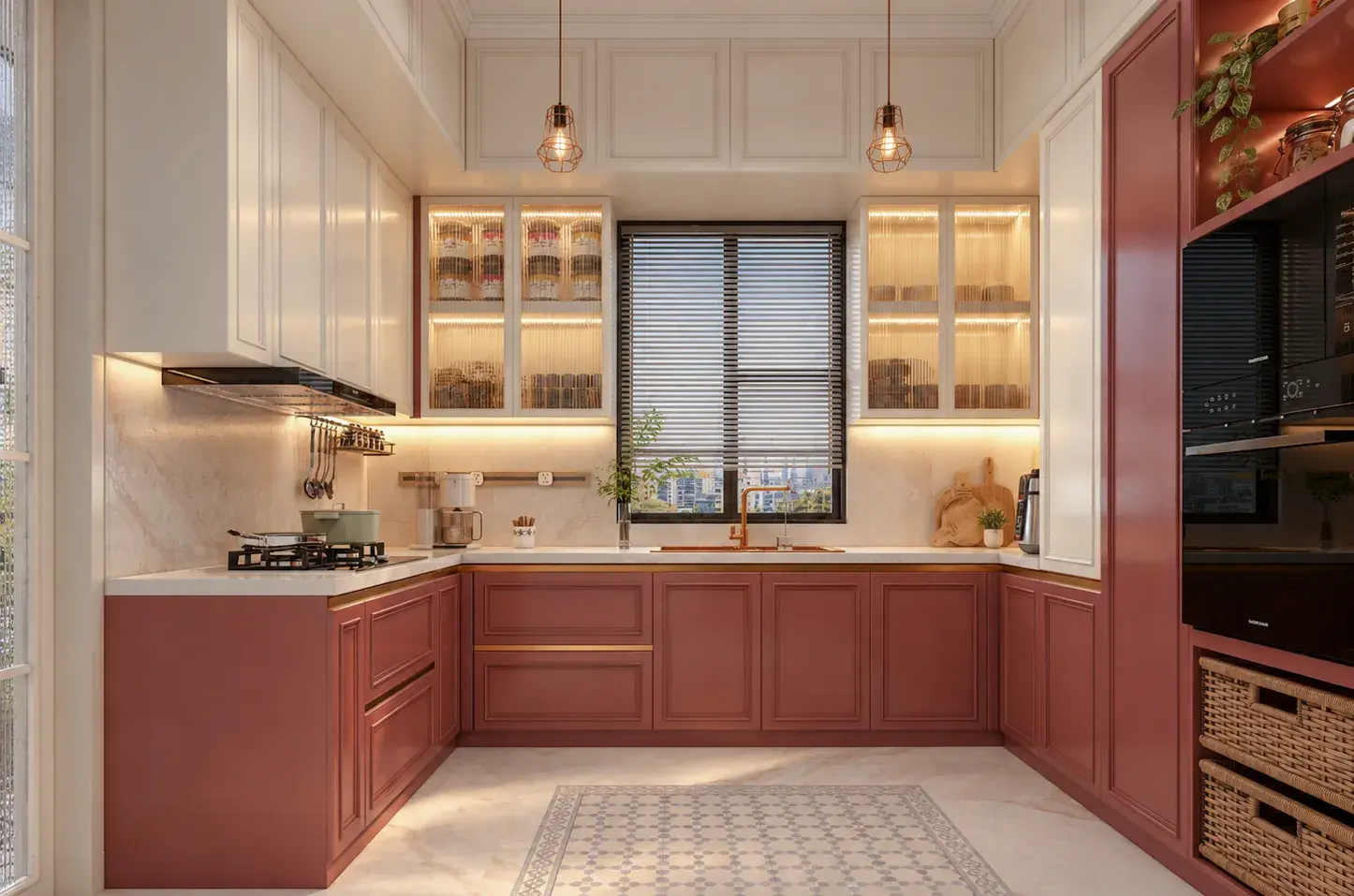 Rose-red kitchen with glass-front cabinets