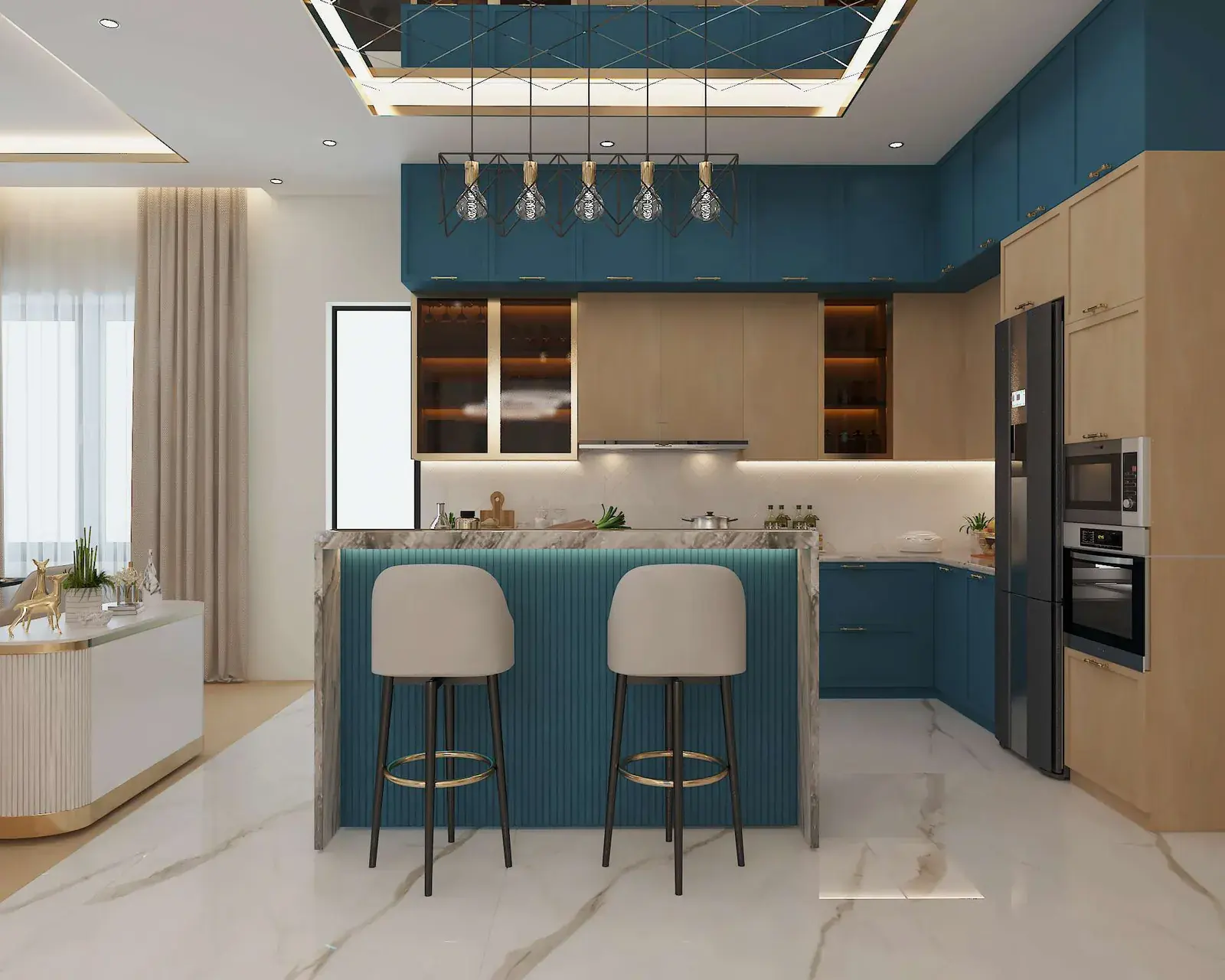 Kitchen with a teal island and wood cabinetry