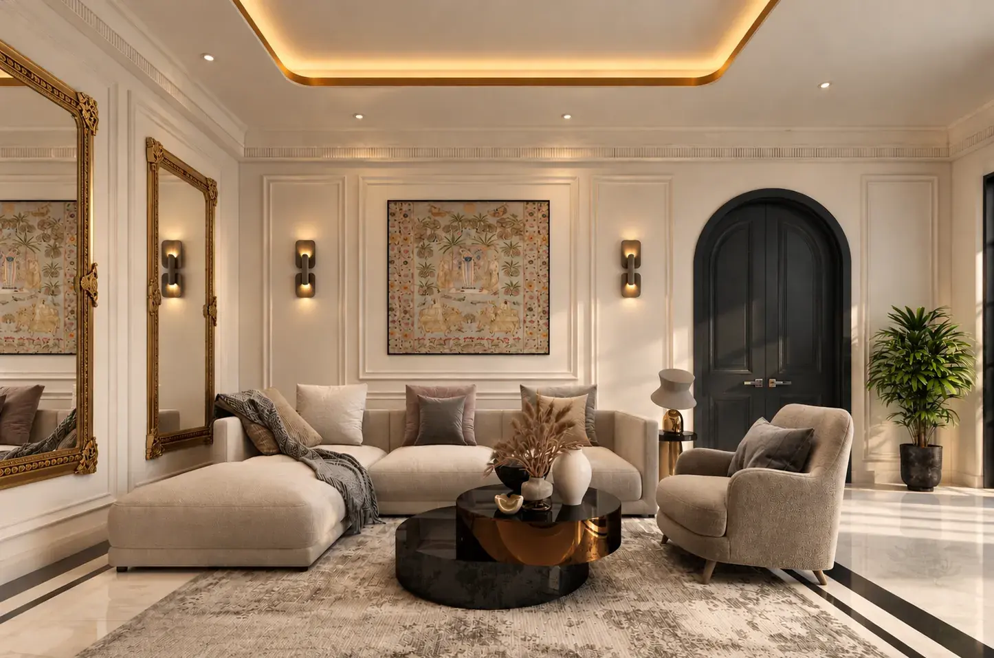 Living room with arched doorways and brass mirrors