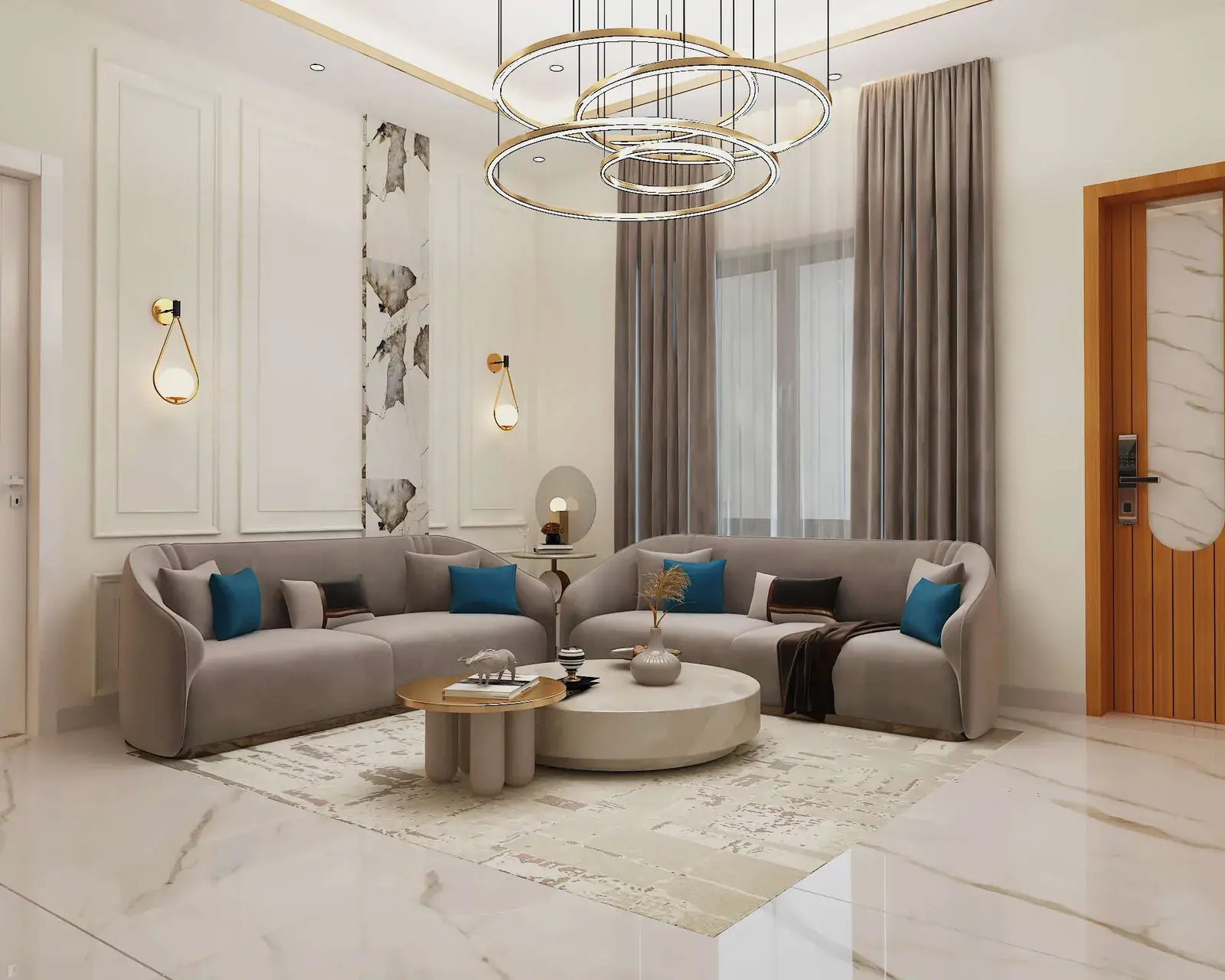 Living room with a curved sofa under ring chandeliers