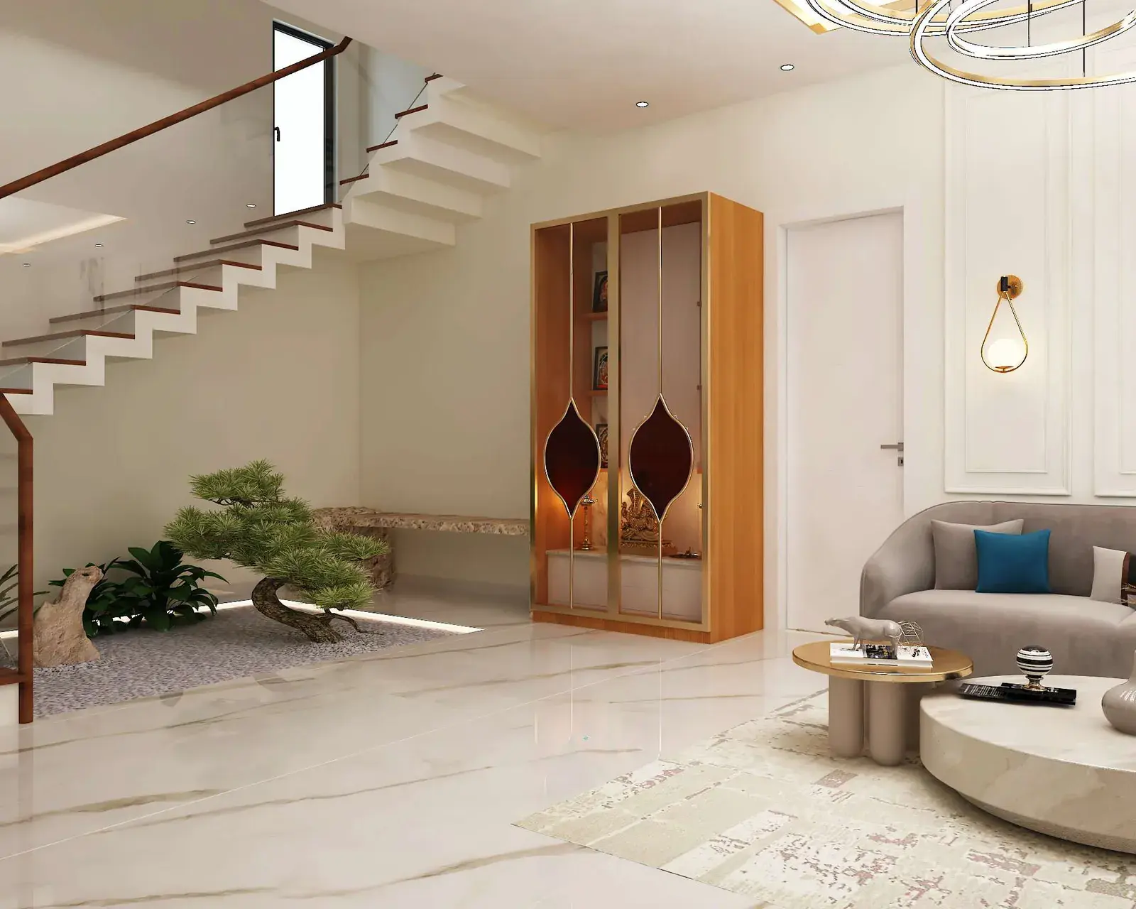 K2 Residence living room with a floating staircase and indoor garden
