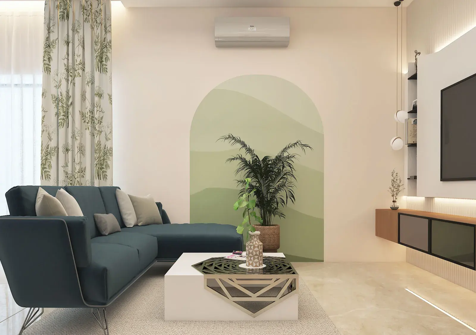 Living area with a sage-green arched feature wall