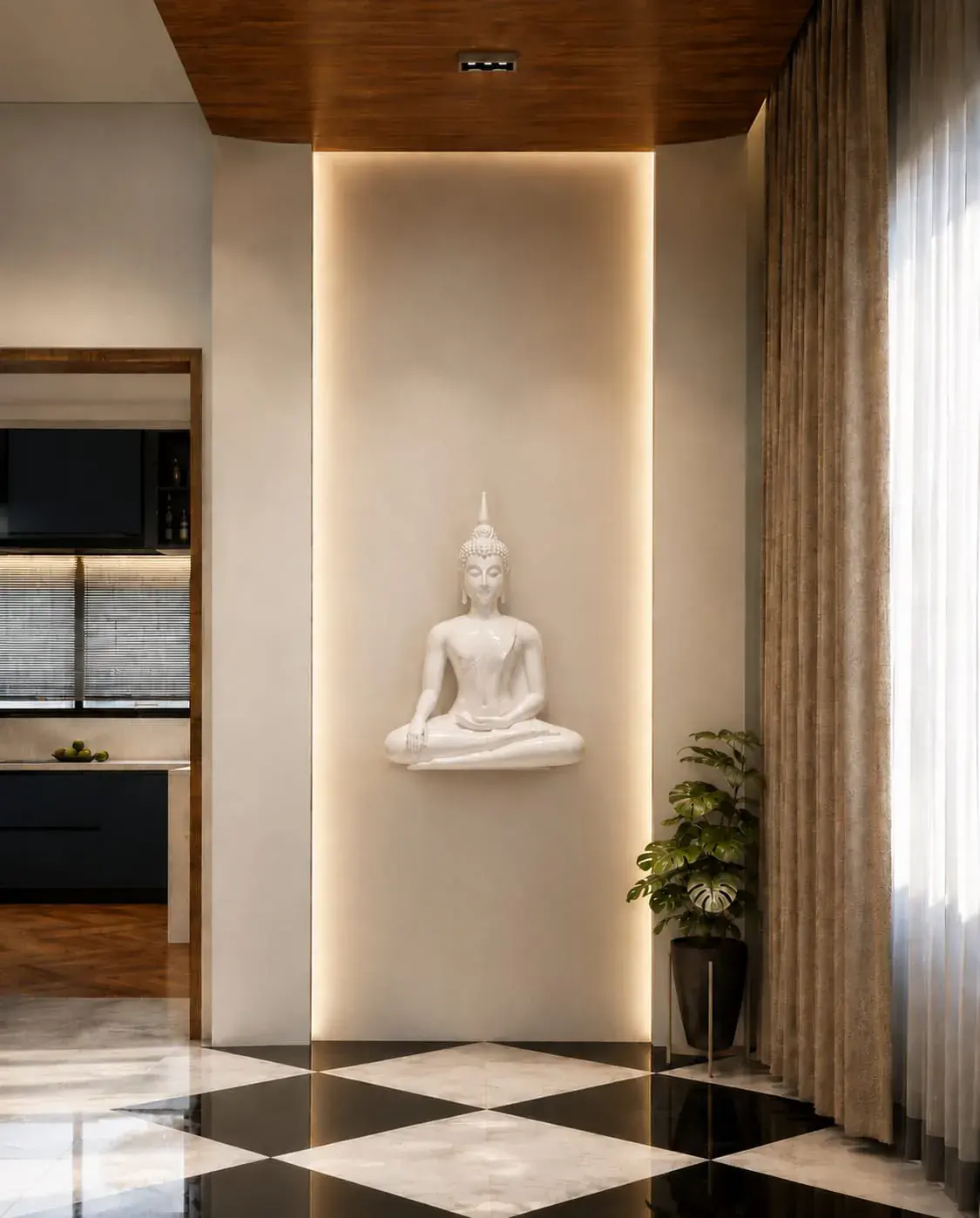 Lit niche with a Buddha sculpture beside a checkerboard floor