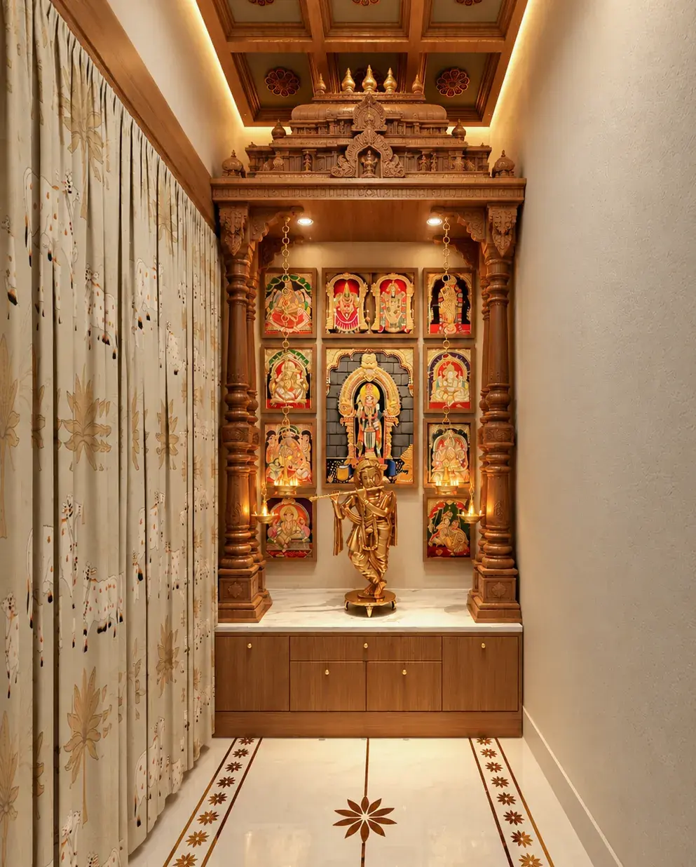 Carved wooden pooja room with an inlaid marble floor